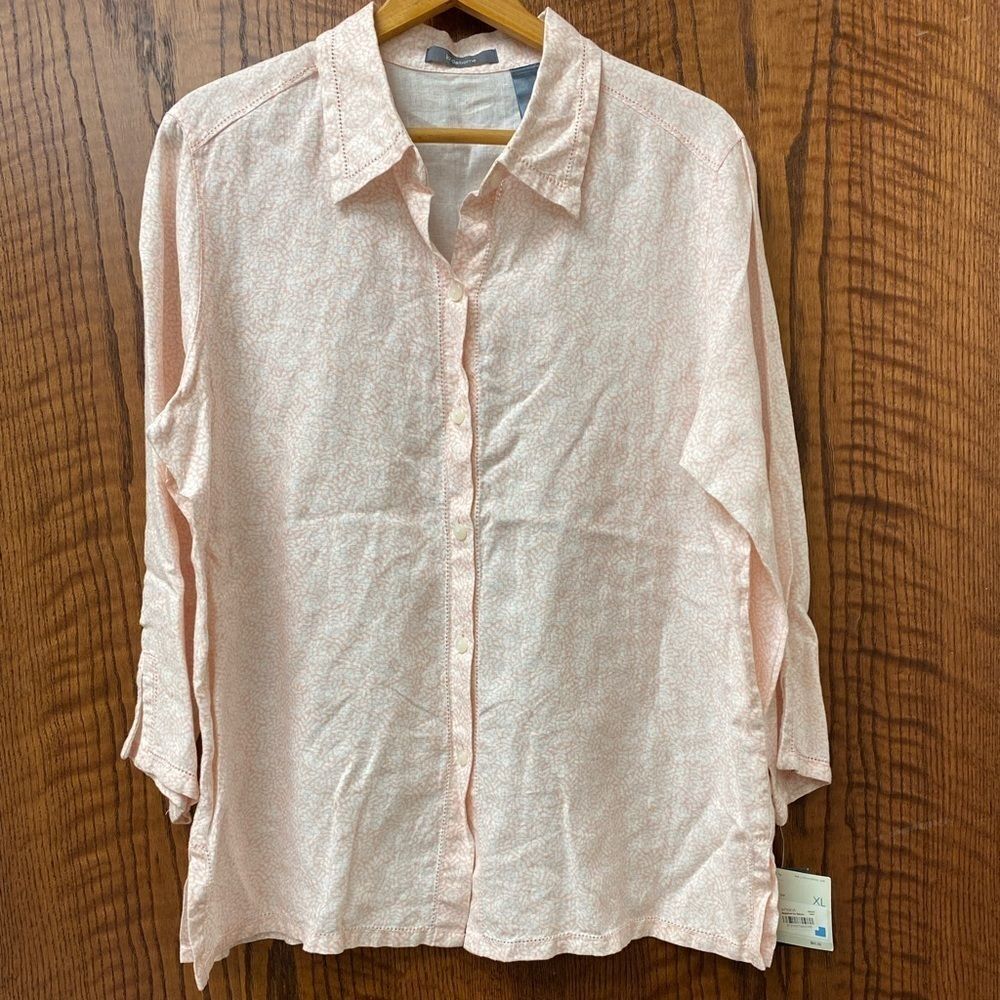 Liz claiborne pale pink‎ floral button down linen tunic top